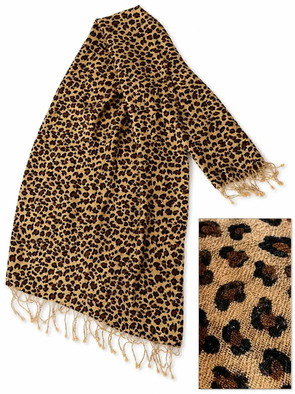 Tan and Black Leopard Print Tassel Pashmina Scarf Wrap